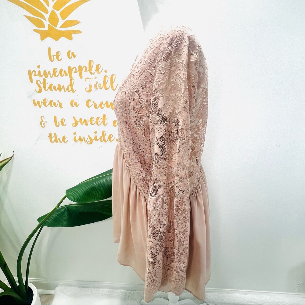 TOBI Blush Pink Nude Lace Scallop Plunge Chiffon Mini Dress Bell Sleeve … - Picture 12 of 16